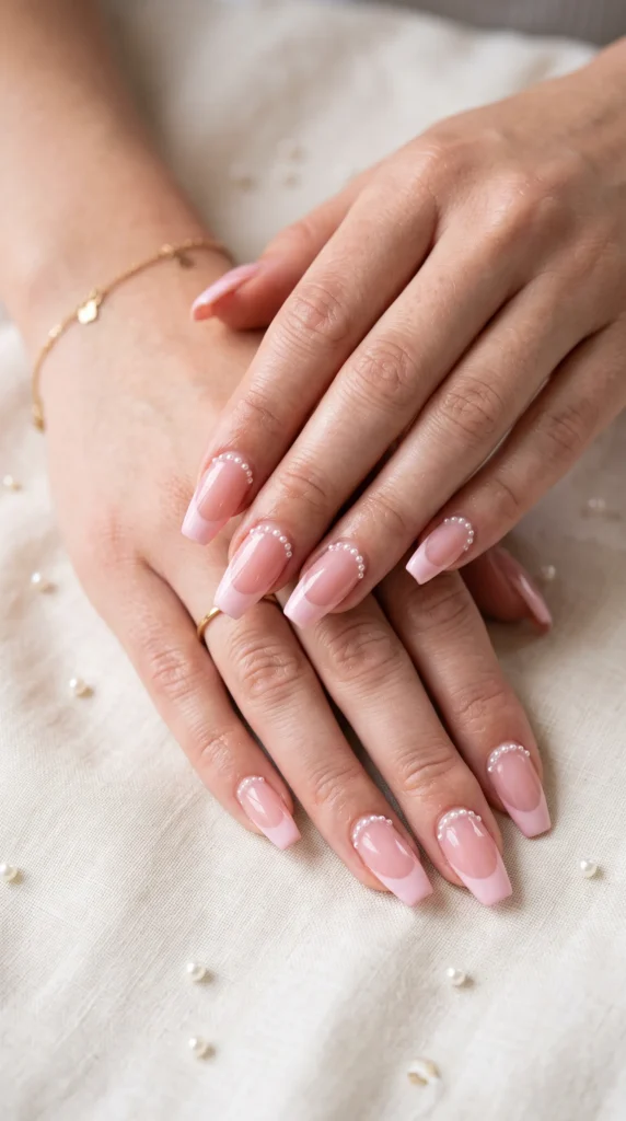 A woman's hand with pink nail polish and a gold bracelet.