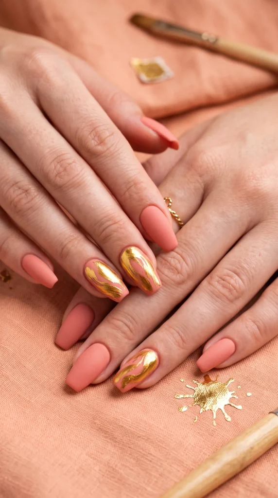 A woman with pink nails and gold accents.