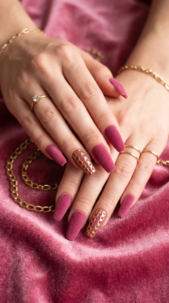 A woman with purple nails and a gold ring on her finger.