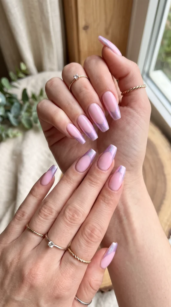 A woman with pink nail polish on her fingers.