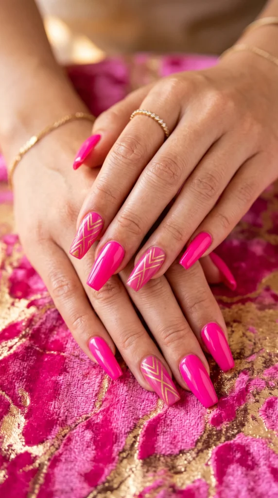 A woman with pink nails and a gold ring on her finger.