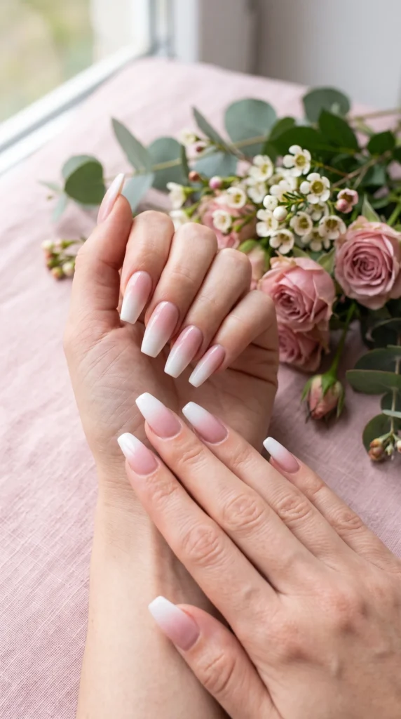 A woman with pink nails and white tips.