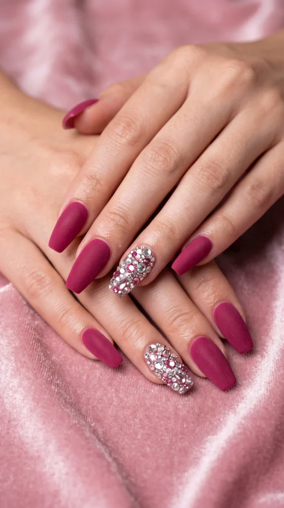 A person with purple nails and a purple manicure.