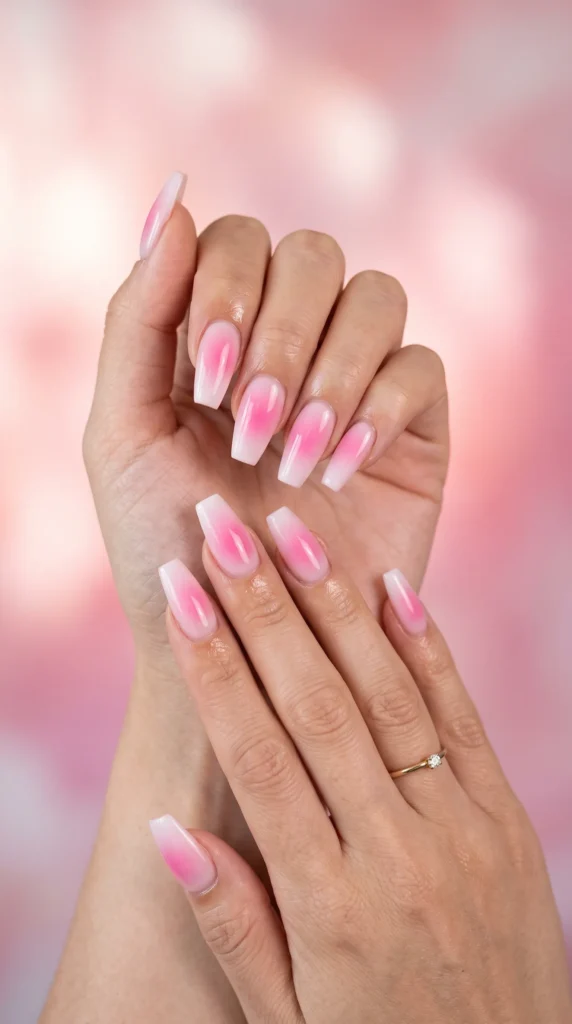 A woman's hand with pink nail polish.