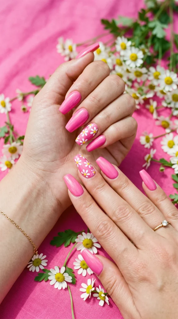 A woman with pink nail polish and a ring on her finger.