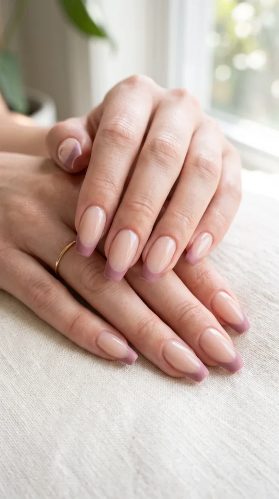 A person's hand with purple and pink nail polish.