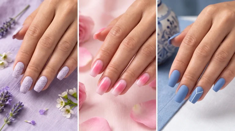 Three pictures of hands with different colored nail polish.