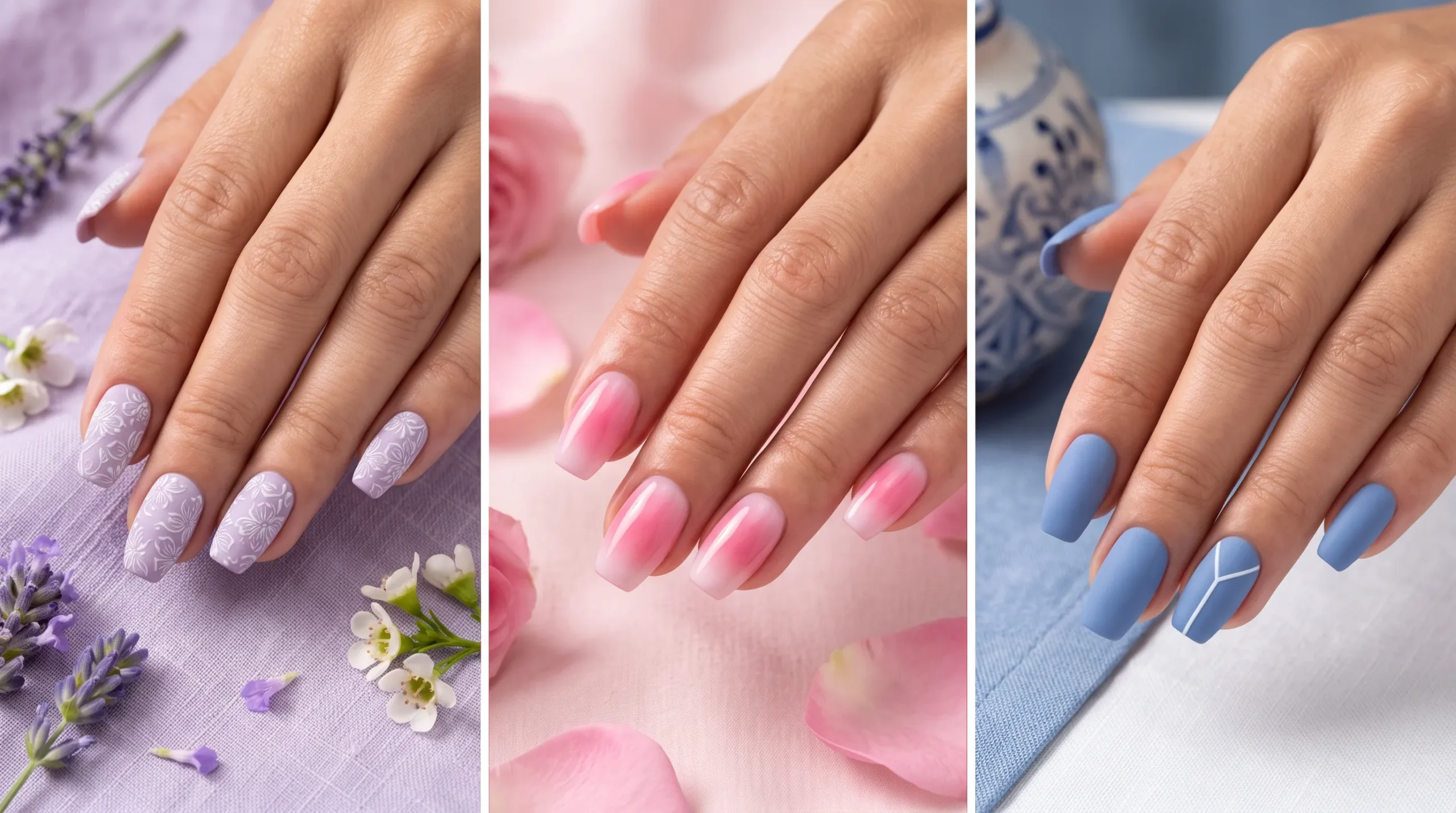Three pictures of hands with different colored nail polish.
