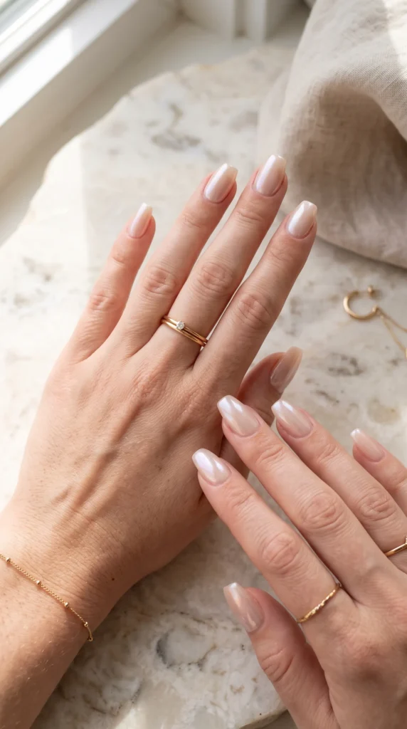 A woman with a gold ring on her finger.