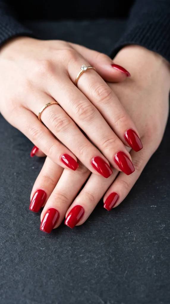 A woman with red nail polish on her fingers.