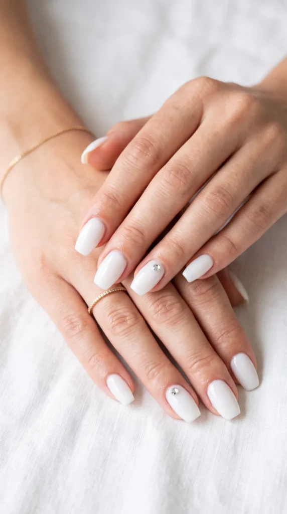 A woman with white nail polish and a ring on her finger.