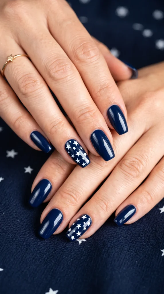A person's hand with blue nail polish and stars on the nails.