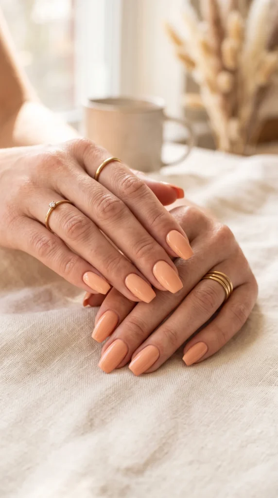 A woman with a ring on her finger is holding her hands together.