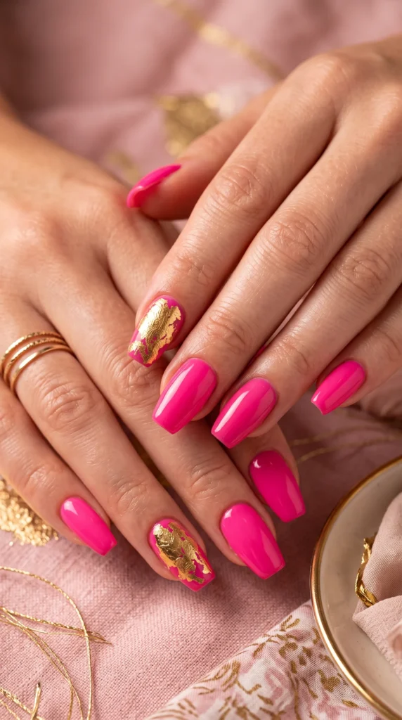 A woman with pink nails and gold accents.