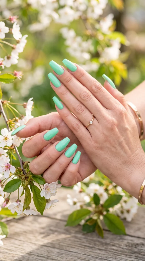 A woman with green nail polish on her fingers.