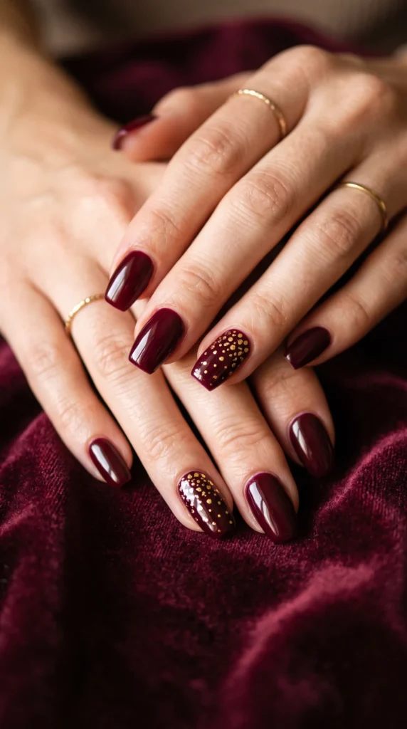 A woman's hand with red nail polish and gold glitter.