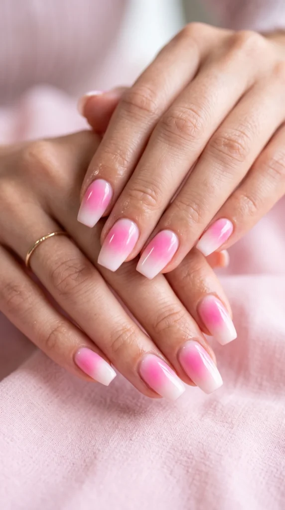 A woman's hand with pink and white nail polish.