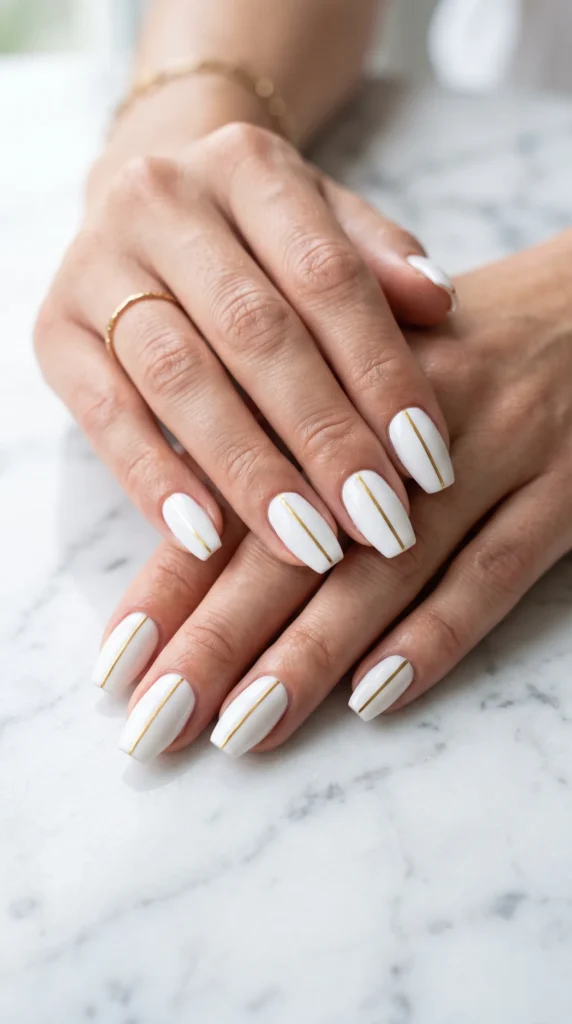 A woman with white nail polish and gold stripes on her fingers.