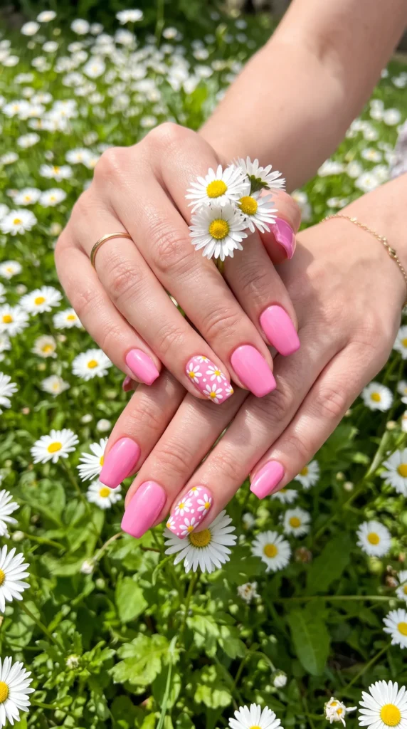 A woman with pink nails and a flower on her fingernail.