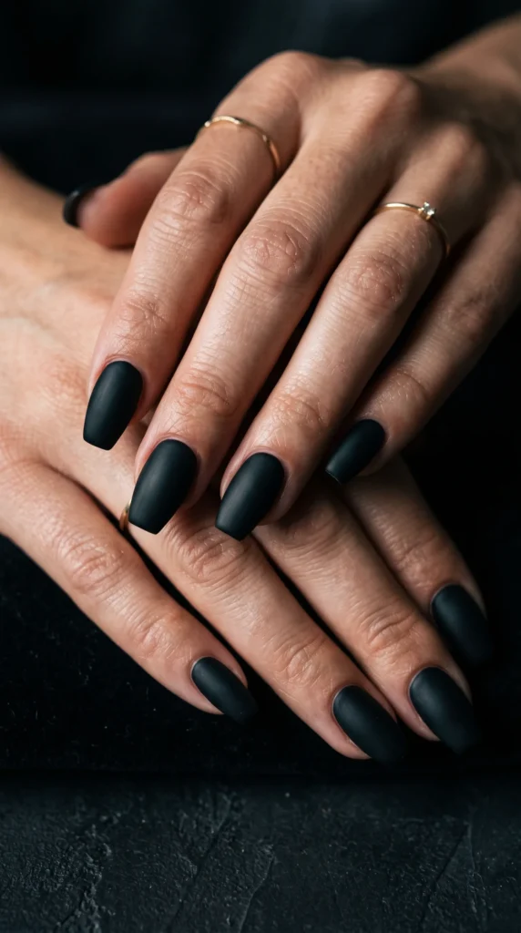 A woman's hand with black nail polish.