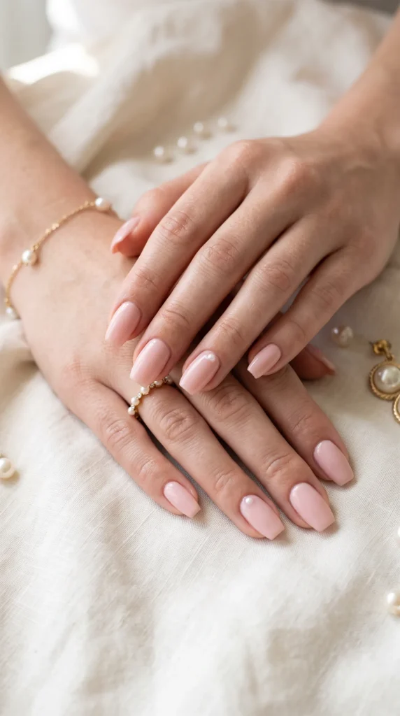 A woman with pink nail polish on her fingers.