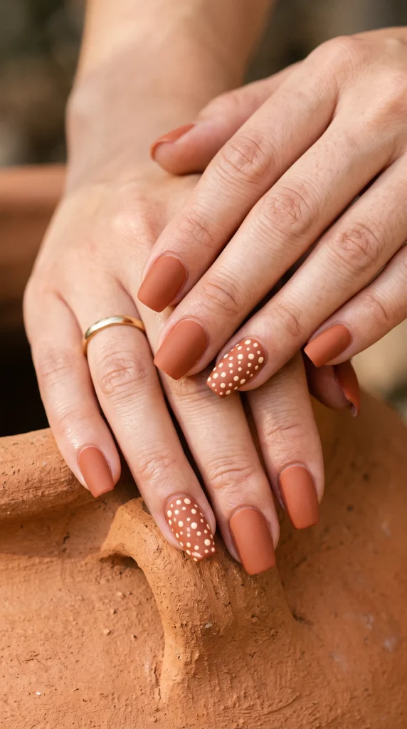 A woman with a ring on her finger has a polka dot manicure.