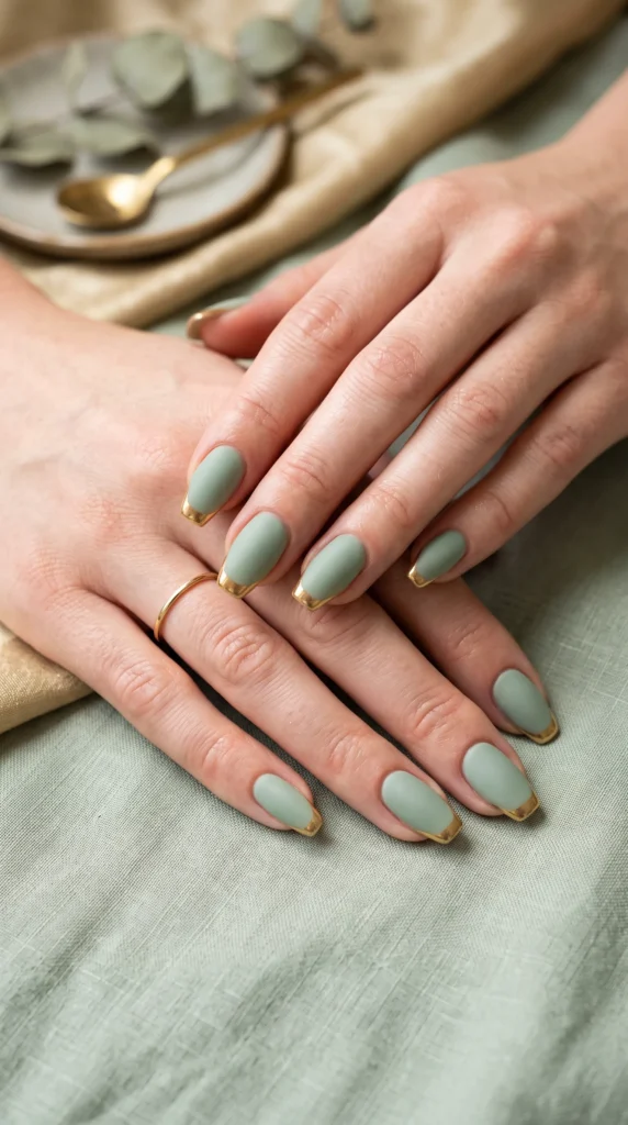A person's hand with a blue nail polish and a gold ring on the middle finger.