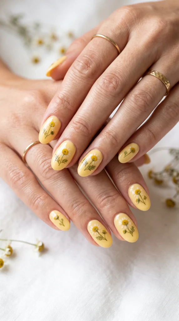 A woman with yellow nail polish and yellow flowers on her nails.