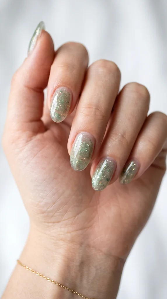 A woman's hand with a green nail polish.