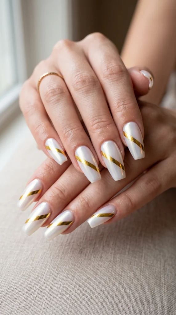 A woman's hand with a gold and white striped fingernail polish.