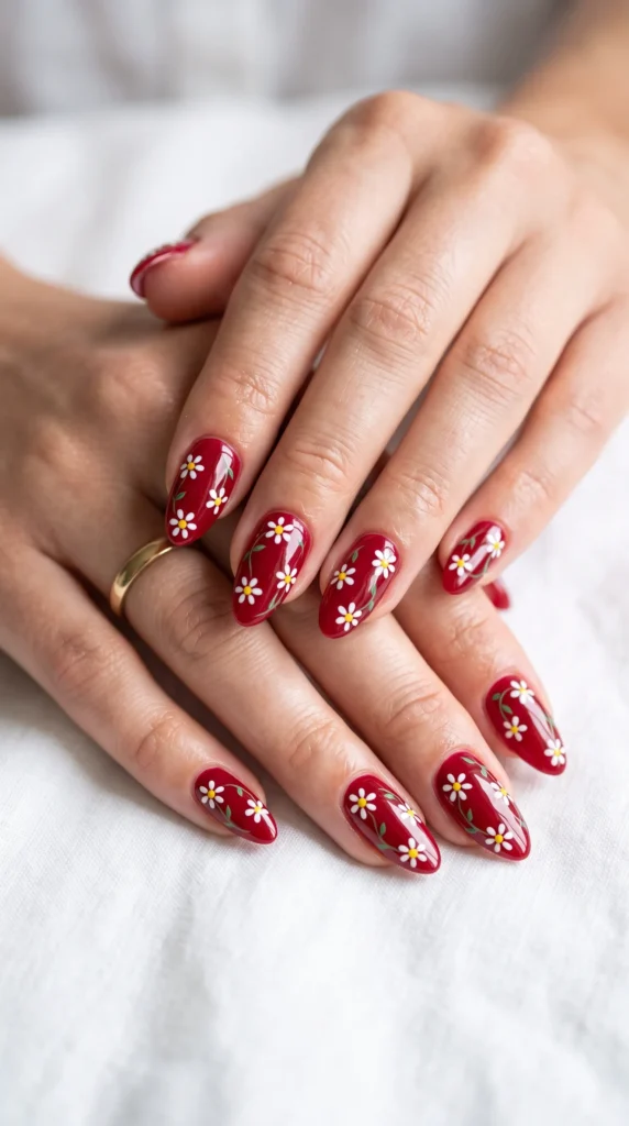 A woman with red nail polish and a flower design on her fingernails.