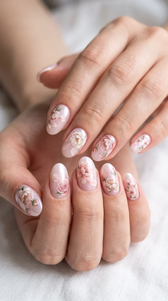 A person's hand with pink nail polish and a flower design on the nails.