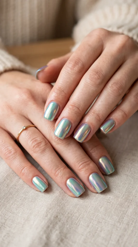 A woman's hand with blue and pink nail polish.