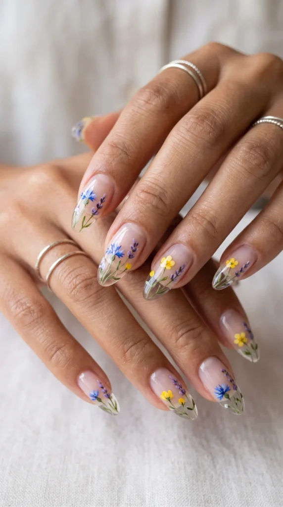 A person with blue and yellow nail polish on their fingernails.