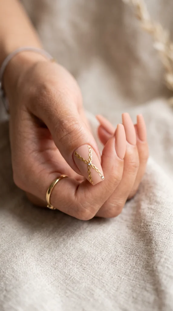 A woman's hand with a gold cross nail polish design.