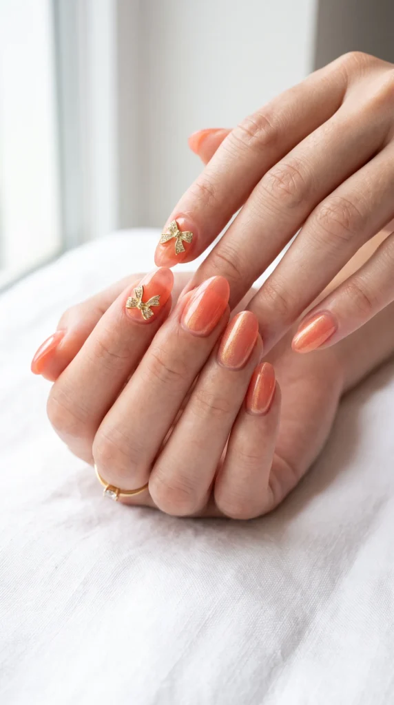 A woman with orange nail polish and a gold ring on her finger.