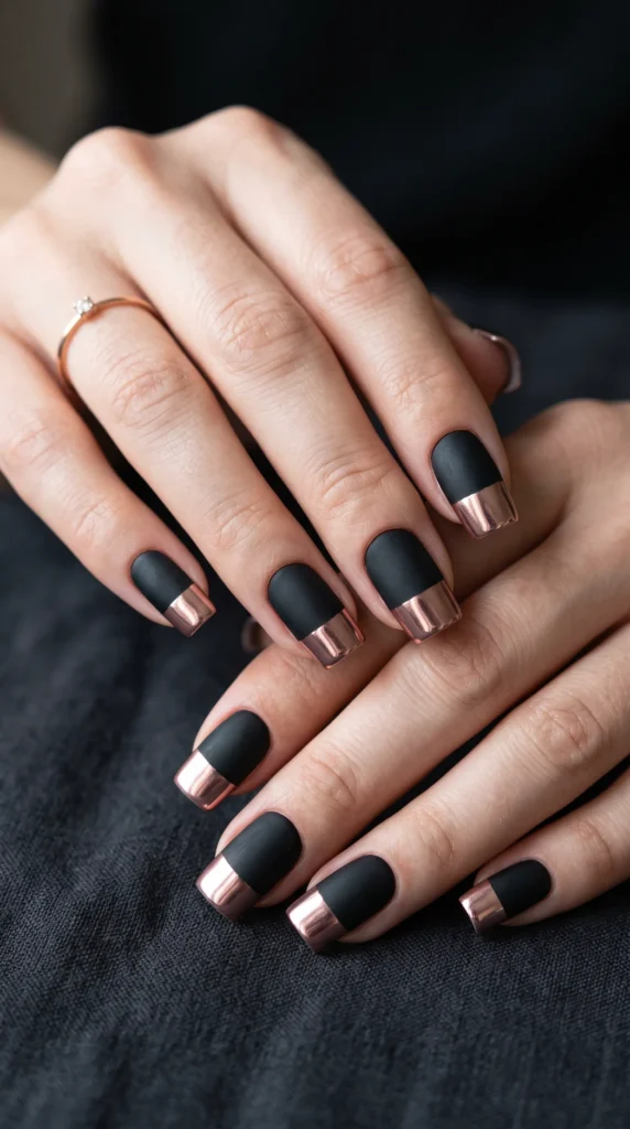 A woman's hand with a ring on her finger and black nail polish.