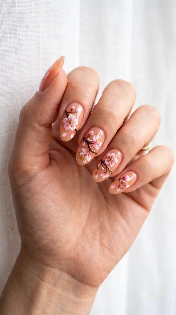 A woman's hand with a pink flower painted on her nail.