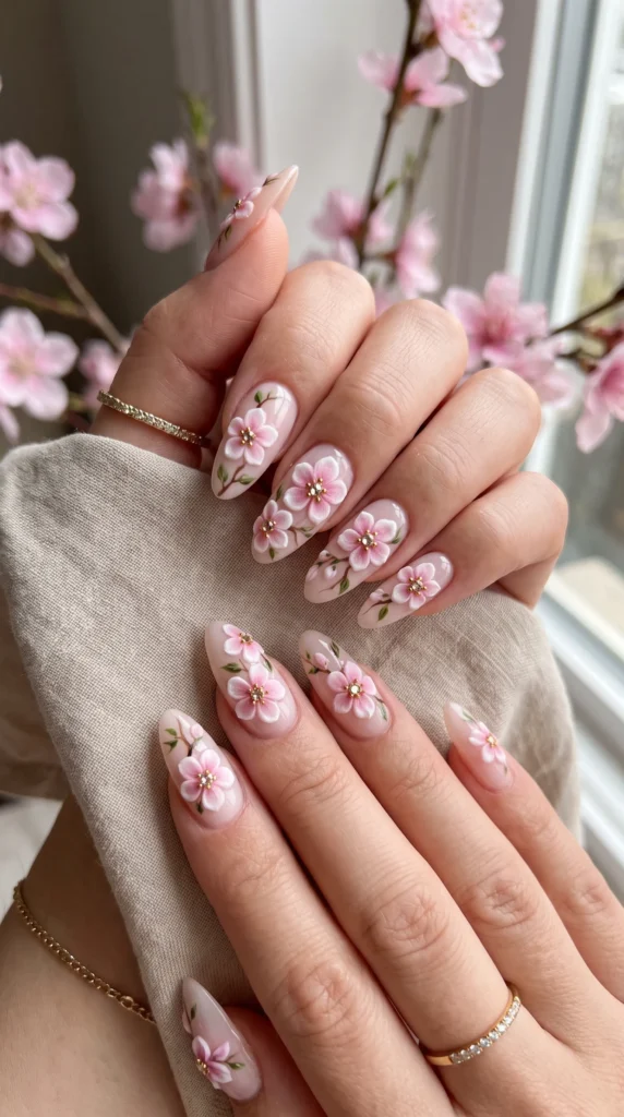 A woman with pink nail polish and a flower design on her fingernails.
