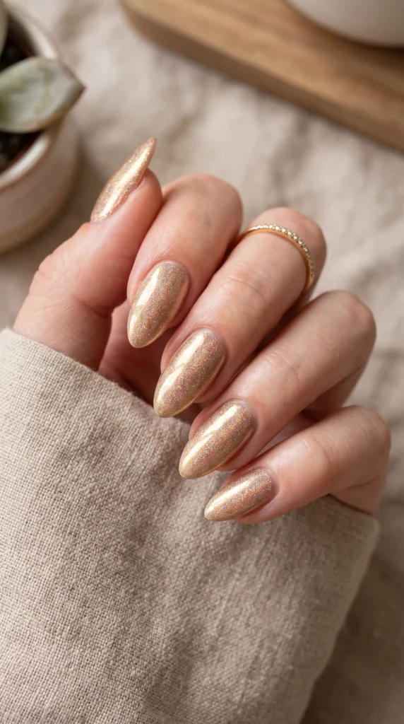 A woman with gold nail polish on her fingers.