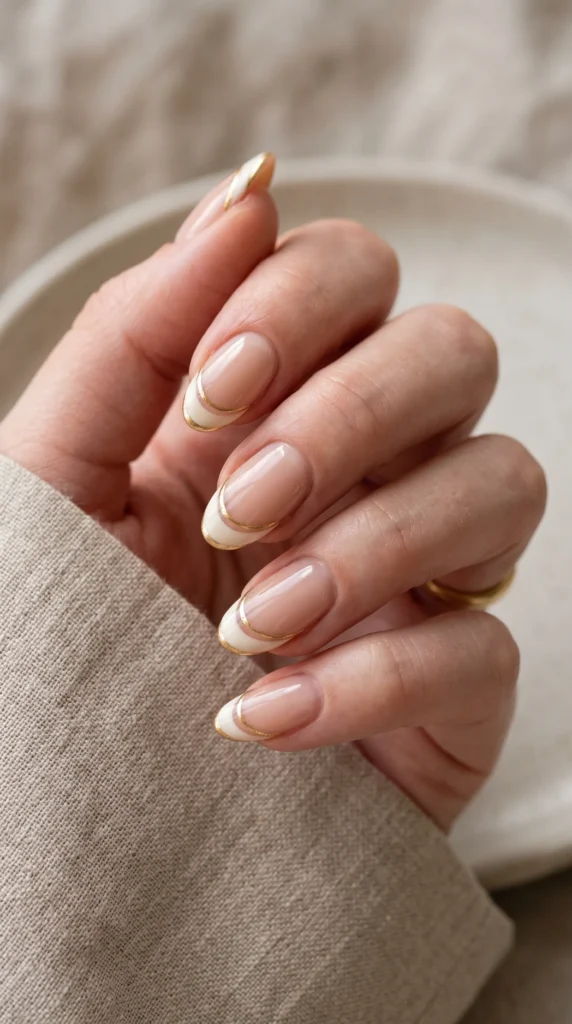 A woman's hand with a gold stripe on the nail.