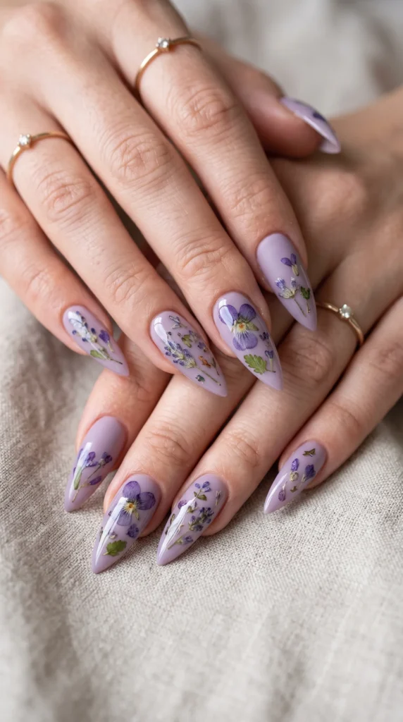 A woman with purple nails with flowers on them.