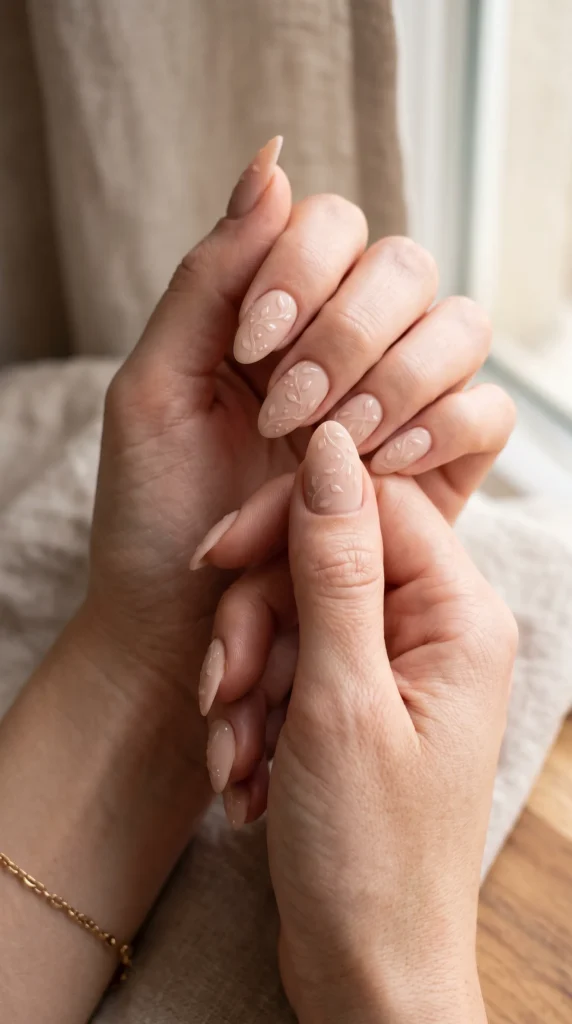 A woman's hand with a pink nail polish on the middle finger.