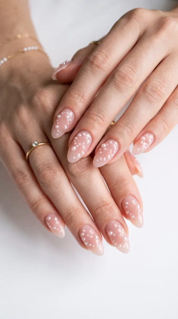 A woman with a ring on her finger has white nail polish on her fingernails.