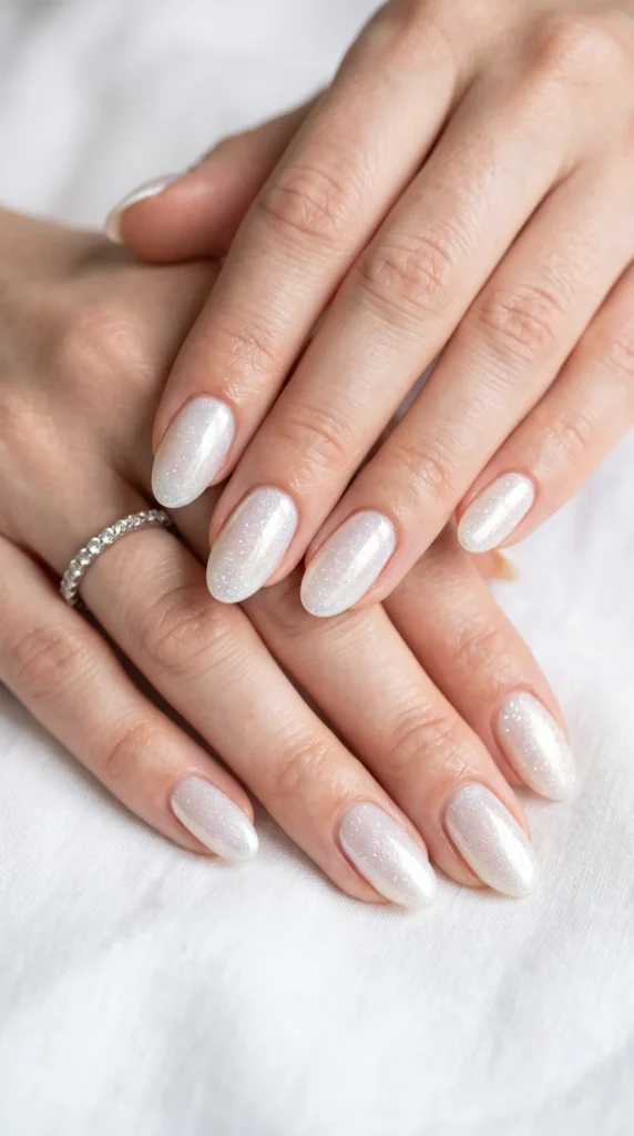A person's hand with a ring on the finger and white nail polish.