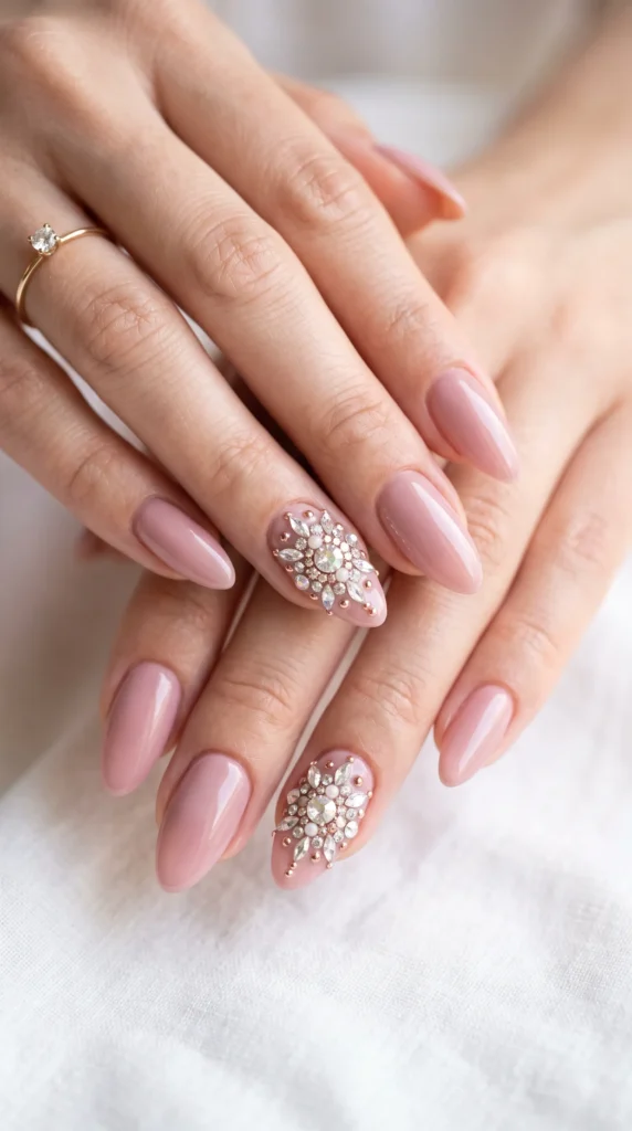 A woman with pink nail polish and a crystal design on her nails.