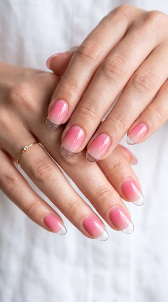 A woman's hand with pink nail polish and a ring on her finger.