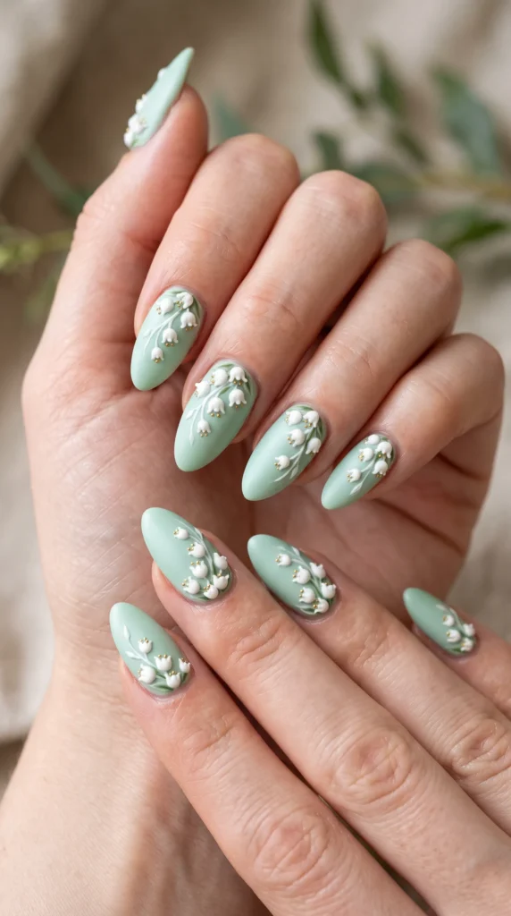 A woman's hand with green nail polish and white flowers painted on the nails.