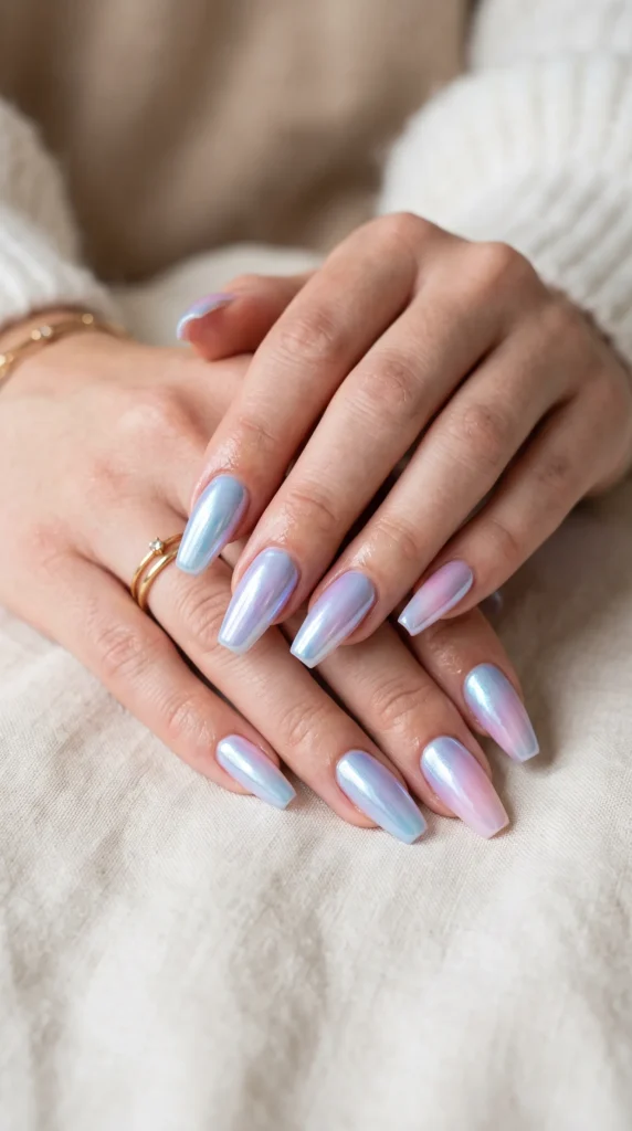 A person with blue, pink, and purple nail polish.