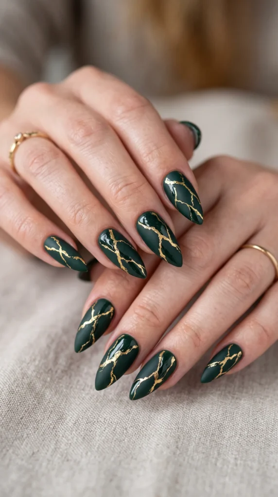 A woman with green nail polish and gold accents on her nails.